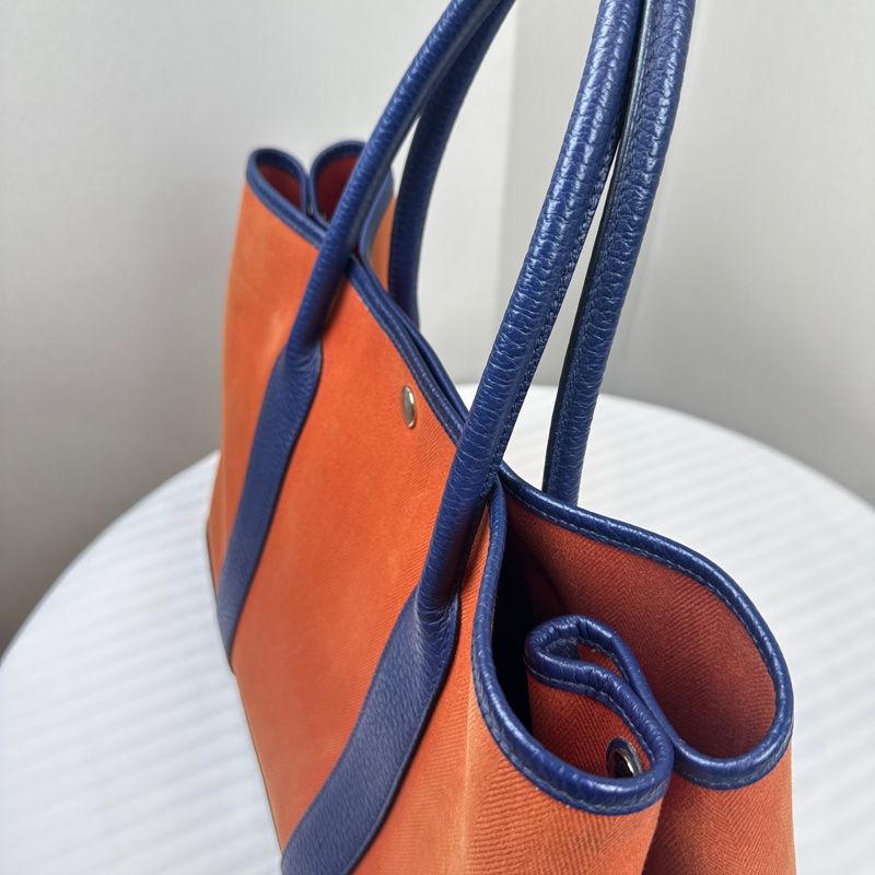 愛馬仕/Hermes Garden Party 36 橘色帆布拼藍色皮革單肩手提包 花園包36x17x26cm-2