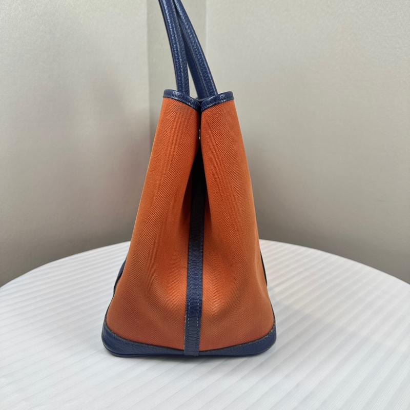 愛馬仕/Hermes Garden Party 36 橘色帆布拼藍色皮革單肩手提包 花園包36x17x26cm-4