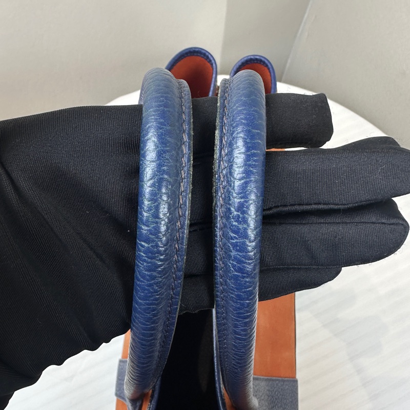 愛馬仕/Hermes Garden Party 36 橘色帆布拼藍色皮革單肩手提包 花園包36x17x26cm-7