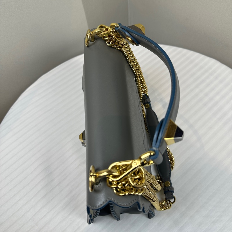 芬迪/Fendi Kan I 金扣鏈條灰色牛皮手提斜背包25x10x18cm-2