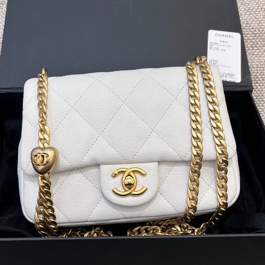 近新品 香奈兒/Chanel 白金荔枝紋牛皮愛心方胖子鏈條包 芯片款-0