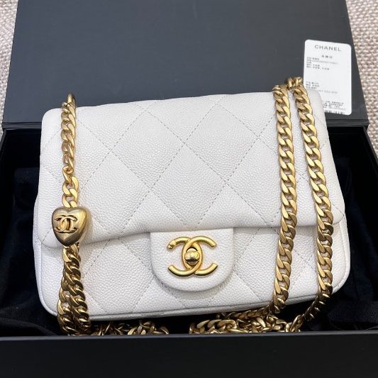 近新品 香奈兒/Chanel 白金荔枝紋牛皮愛心方胖子鏈條包 芯片款-5