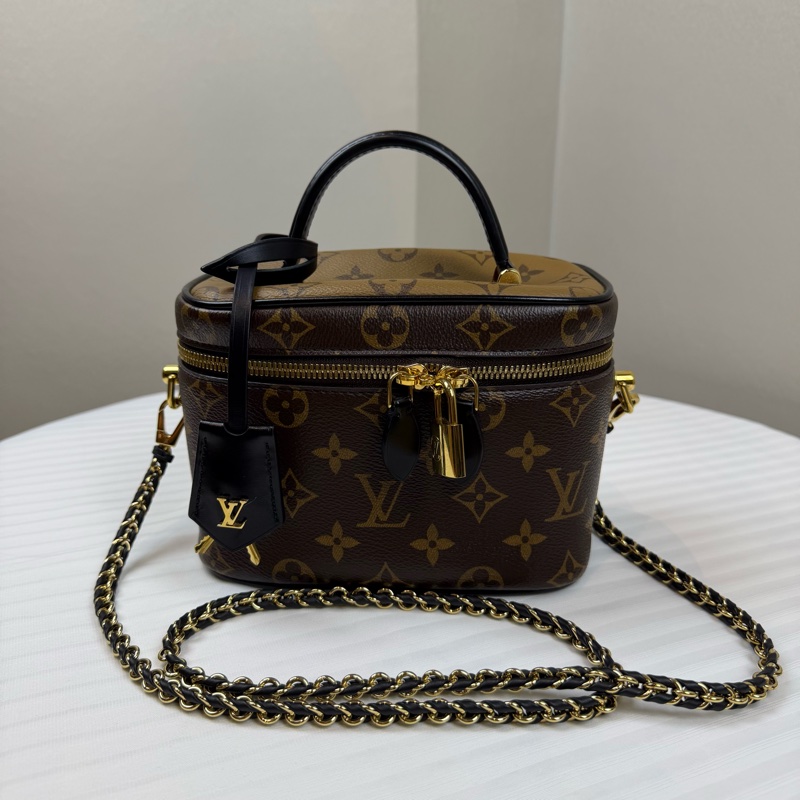 路易威登/Louis Vuitton Vanity PM 化妝盒包 黑色皮革提手 可手提 可拆卸金屬長9 寬9 高13-0