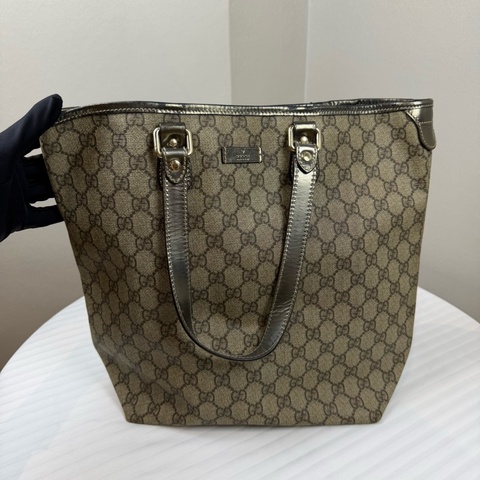 古馳/Gucci GG Supreme 托特包 黑色皮革包邊與提手 長28 高30 寬12