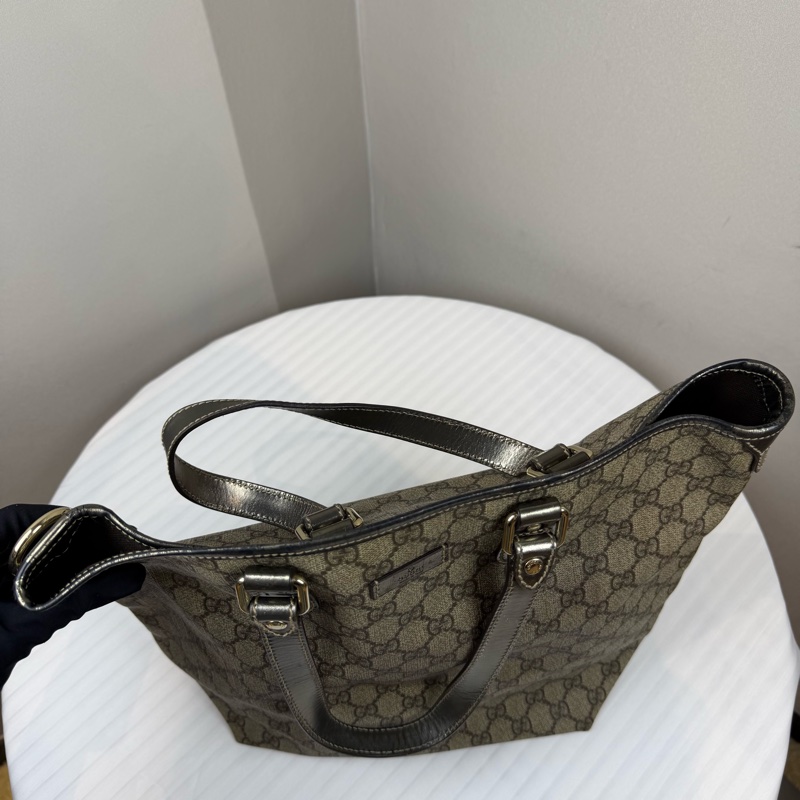 古馳/Gucci GG Supreme 托特包 黑色皮革包邊與提手 長28 高30 寬12-4