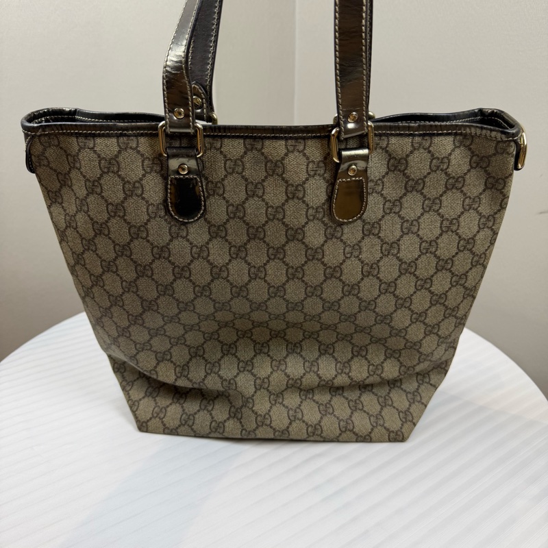 古馳/Gucci GG Supreme 托特包 黑色皮革包邊與提手 長28 高30 寬12-10