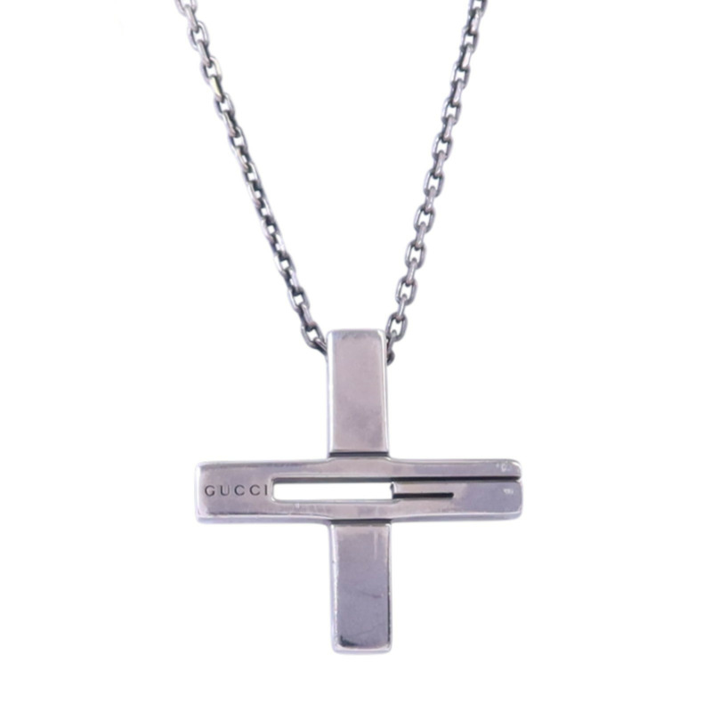 GUCCI 925純銀Cross Cutout G Necklace銀扣項鏈-0