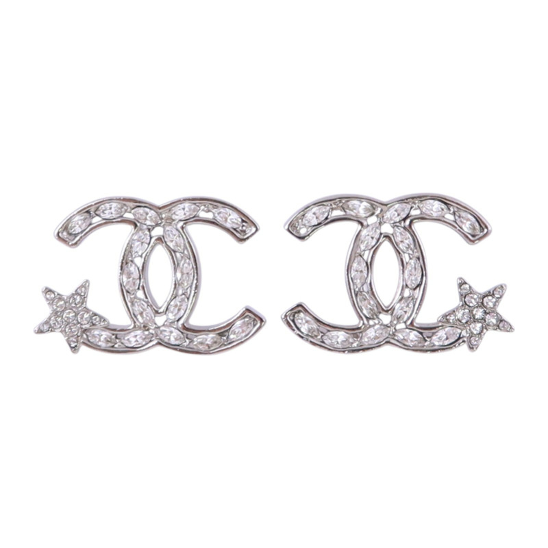 CHANEL 金屬/水鑽CC Earrings銀扣耳環-0