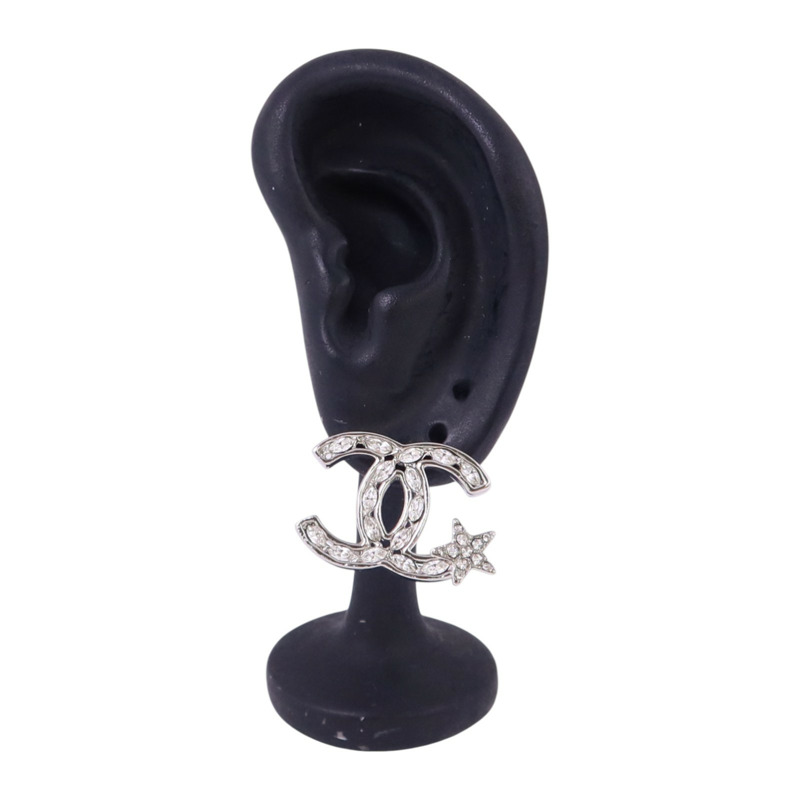 CHANEL 金屬/水鑽CC Earrings銀扣耳環-7