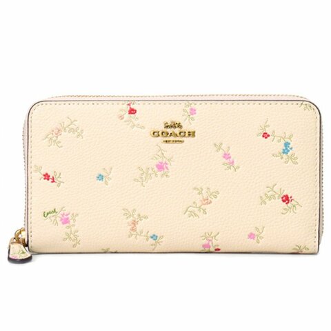 【COACH】花朵印花皮革拉鍊長夾-米白色