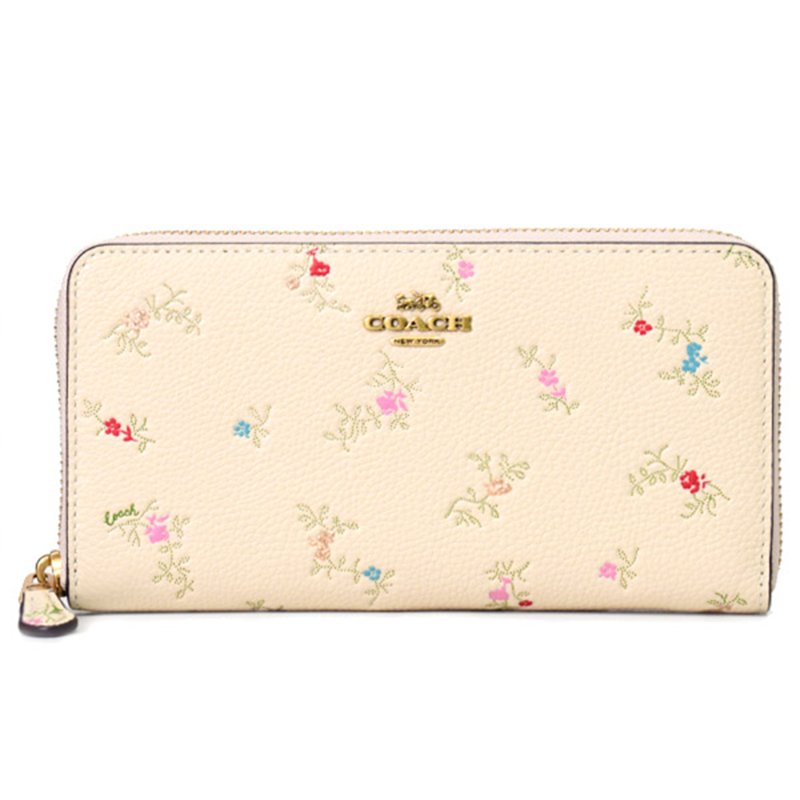 【COACH】花朵印花皮革拉鍊長夾-米白色-0