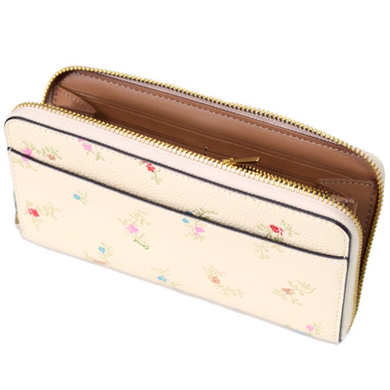 【COACH】花朵印花皮革拉鍊長夾-米白色-2