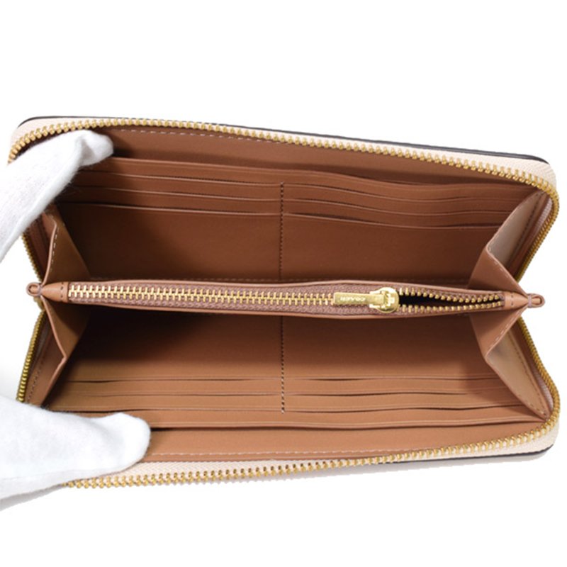 【COACH】花朵印花皮革拉鍊長夾-米白色-3