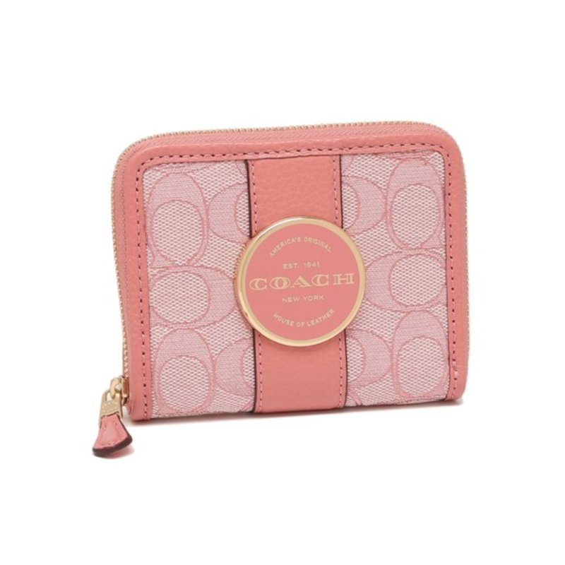 【COACH】織布拼接牛皮皮革ㄇ型拉鍊短夾-太妃粉-0