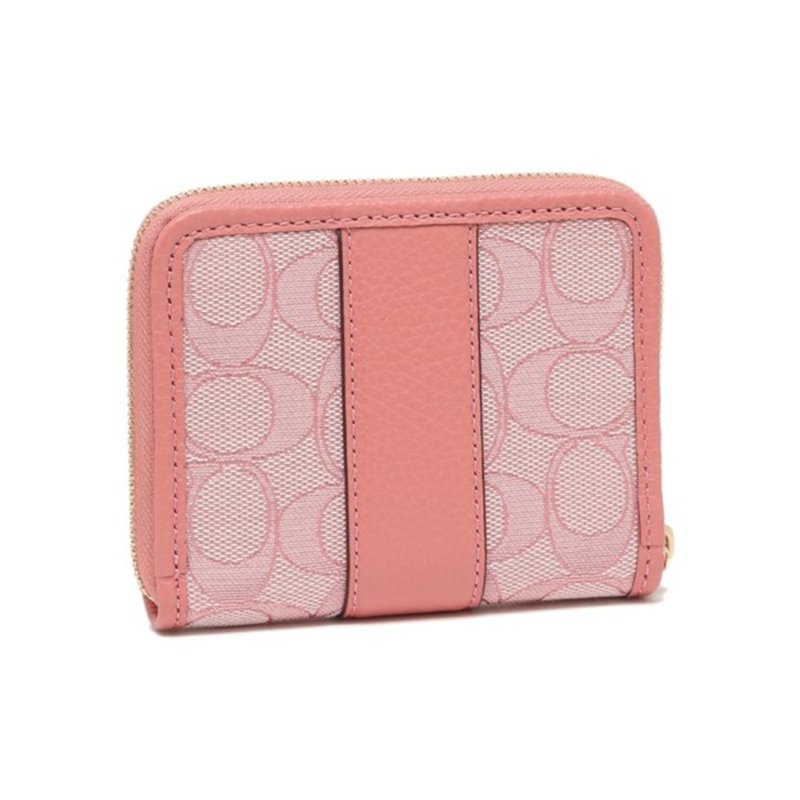 【COACH】織布拼接牛皮皮革ㄇ型拉鍊短夾-太妃粉-1