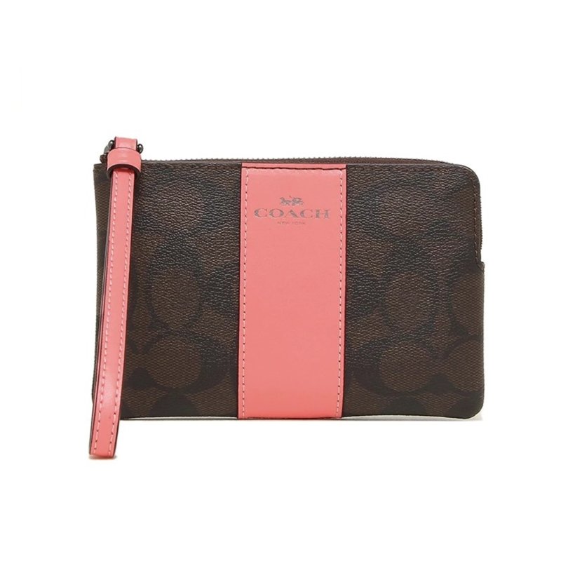 【COACH】拼接皮革L型拉鍊手拿包-咖啡胭脂粉-0