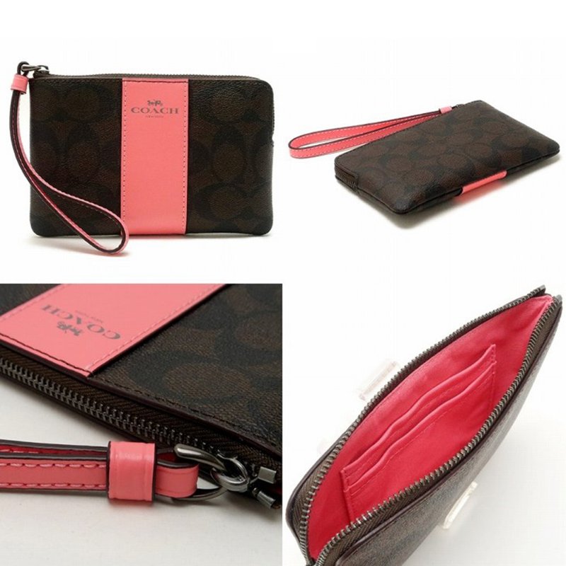 【COACH】拼接皮革L型拉鍊手拿包-咖啡胭脂粉-3