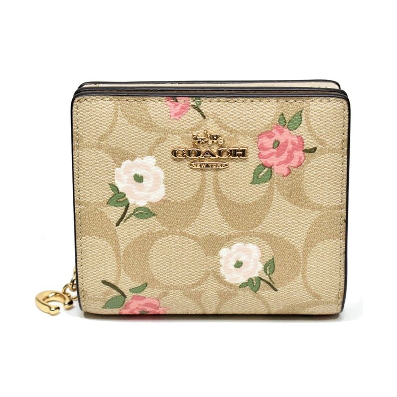 【COACH】花朵印花二折短夾-卡其色-0