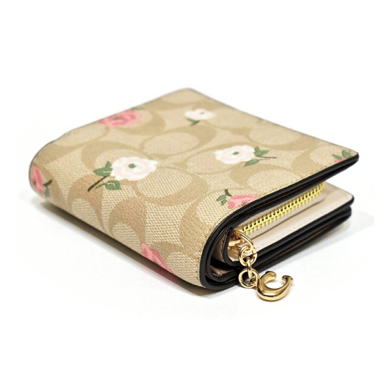 【COACH】花朵印花二折短夾-卡其色-1