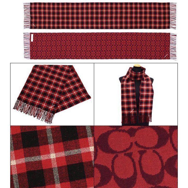 【COACH】紅黑白格紋圍巾-1