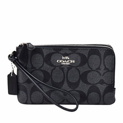 【COACH】滿版LOGO皮革L型雙層手拿包-黑灰色