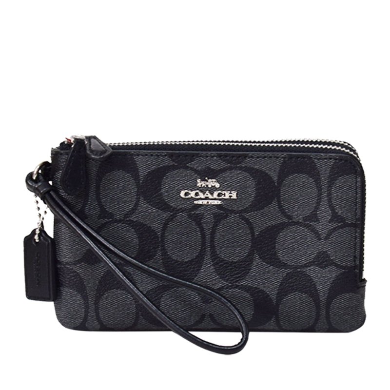 【COACH】滿版LOGO皮革L型雙層手拿包-黑灰色-0