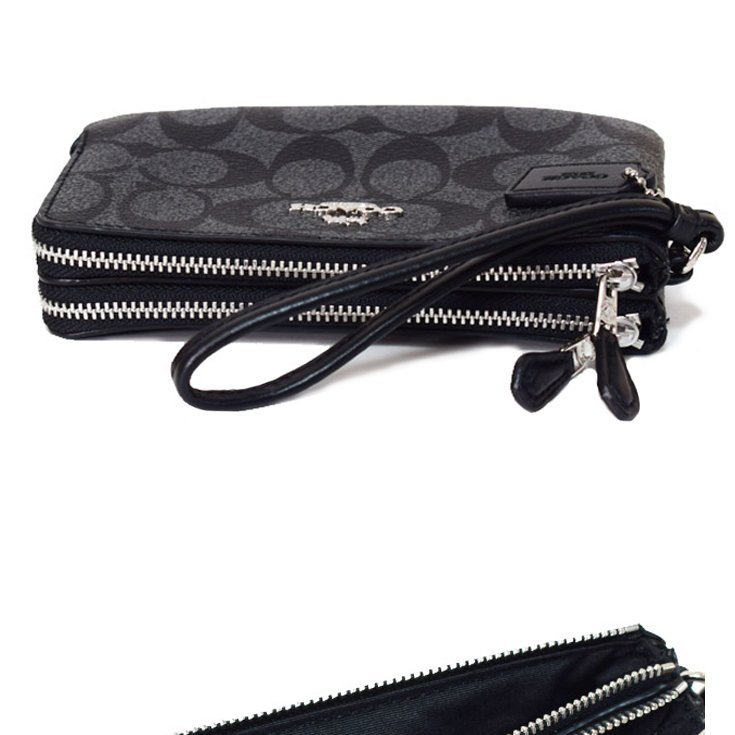 【COACH】滿版LOGO皮革L型雙層手拿包-黑灰色-2