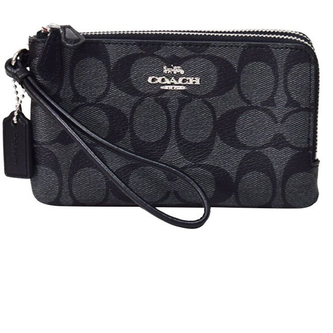 【COACH】滿版LOGO皮革L型雙層手拿包-黑灰色-4