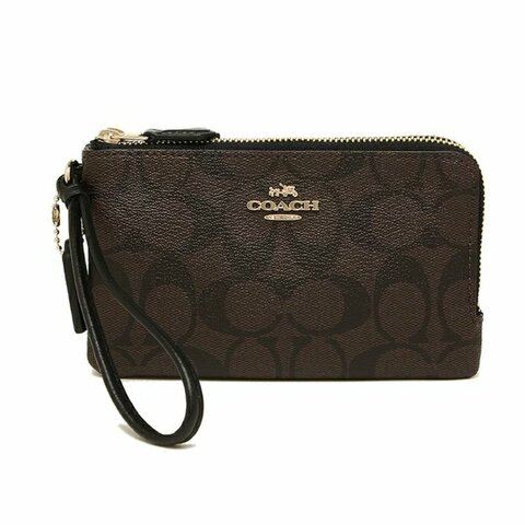 【COACH】滿版LOGO皮革L型雙層手拿包-咖啡色