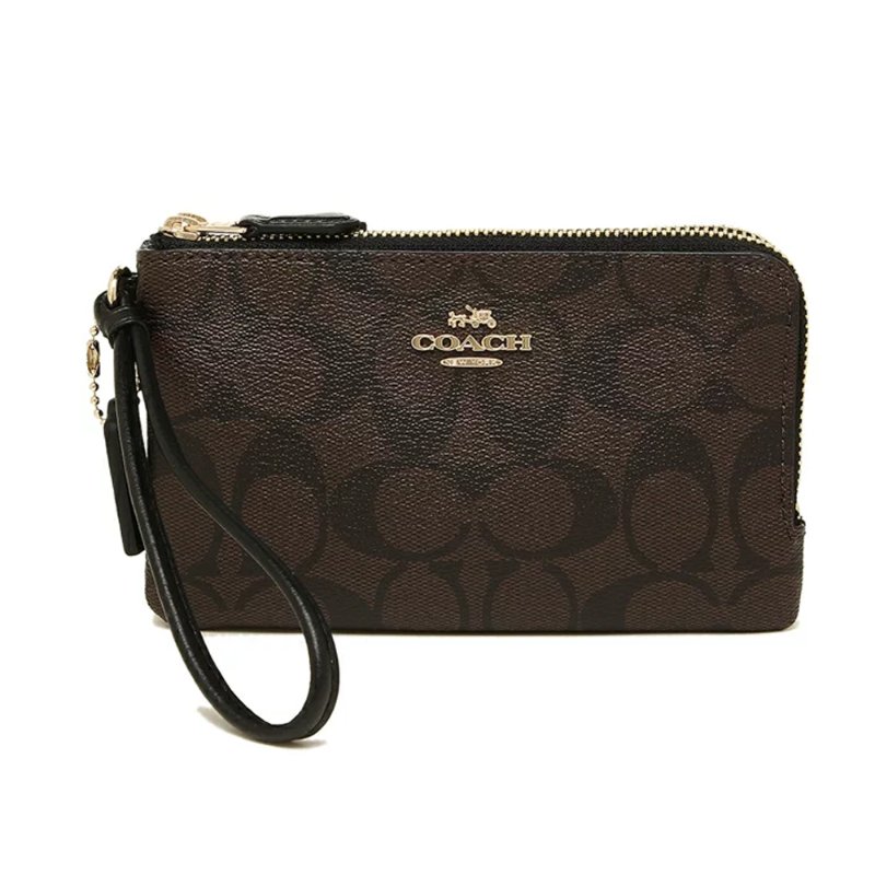 【COACH】滿版LOGO皮革L型雙層手拿包-咖啡色-0