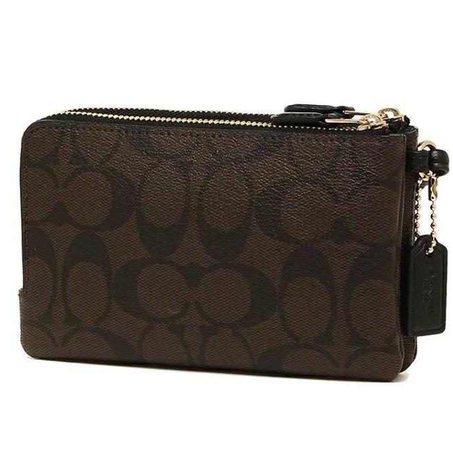 【COACH】滿版LOGO皮革L型雙層手拿包-咖啡色-1