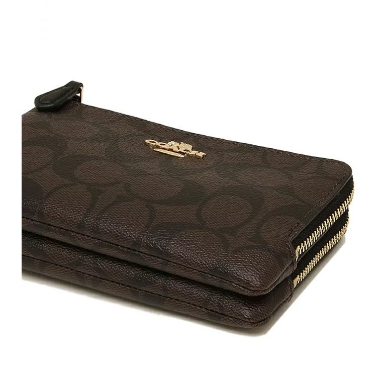 【COACH】滿版LOGO皮革L型雙層手拿包-咖啡色-4