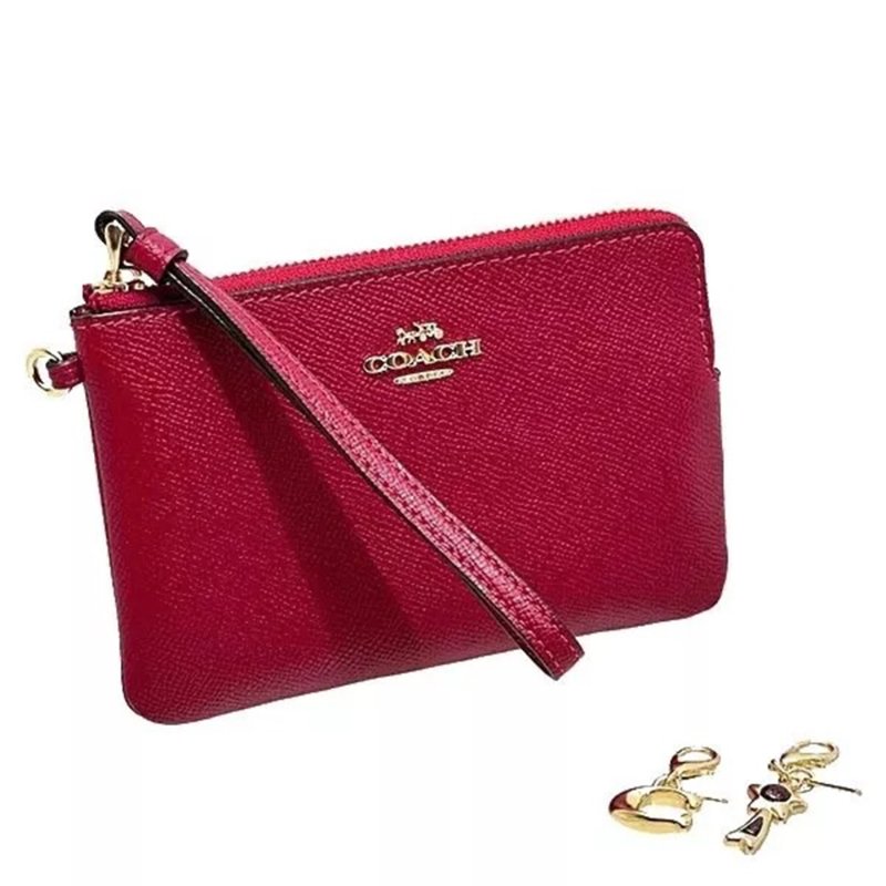 【COACH】素面皮革L型手拿包及吊飾禮盒-紅色-1