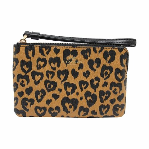 【COACH】印花皮革L型拉鍊手拿包-愛心豹紋