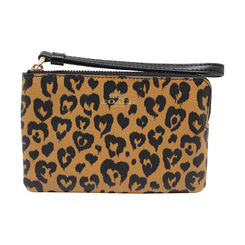 【COACH】印花皮革L型拉鍊手拿包-愛心豹紋-3