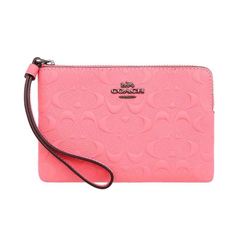【COACH】浮雕皮革L型拉鍊零錢手拿包-莓粉色-0