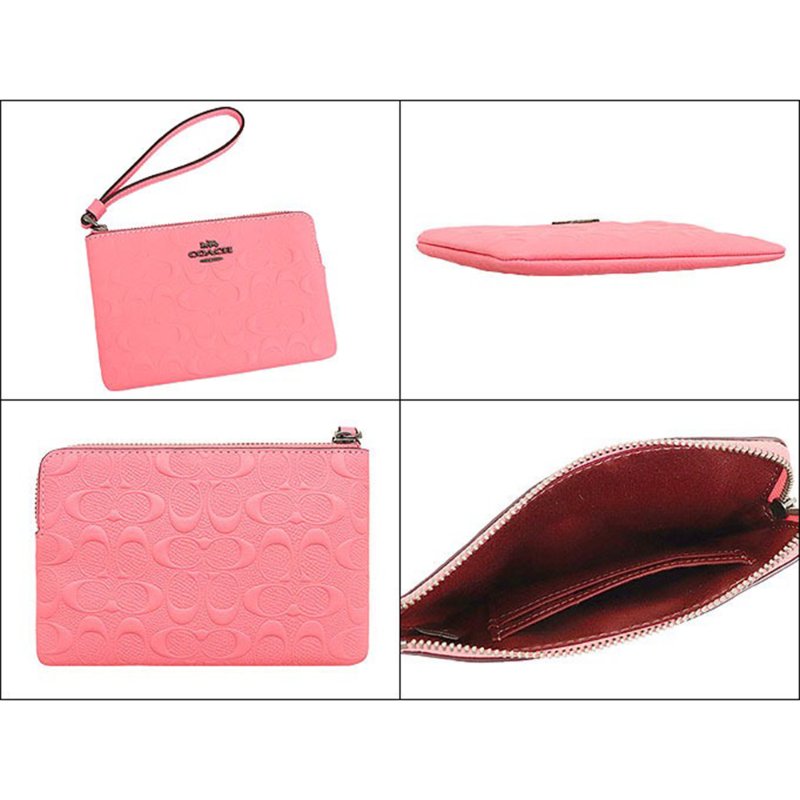 【COACH】浮雕皮革L型拉鍊零錢手拿包-莓粉色-4