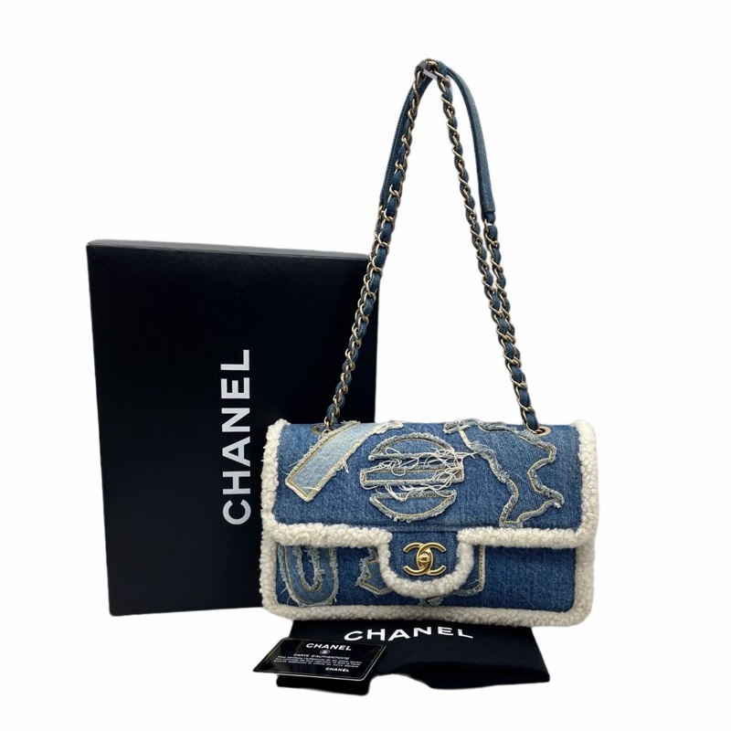 「JL精品代購」 98新 Chanel走秀款羊羔毛牛仔埃及楔形文字刺繡系列CF雙鏈條翻蓋包-0