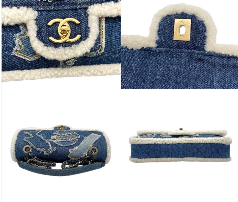 「JL精品代購」 98新 Chanel走秀款羊羔毛牛仔埃及楔形文字刺繡系列CF雙鏈條翻蓋包-7