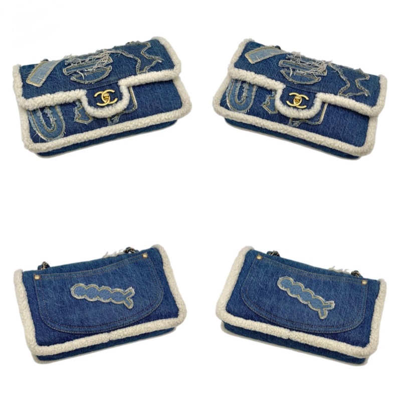 「JL精品代購」 98新 Chanel走秀款羊羔毛牛仔埃及楔形文字刺繡系列CF雙鏈條翻蓋包-9