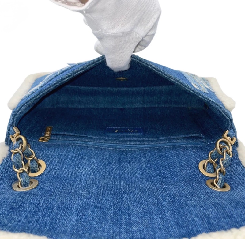 「JL精品代購」 98新 Chanel走秀款羊羔毛牛仔埃及楔形文字刺繡系列CF雙鏈條翻蓋包-13