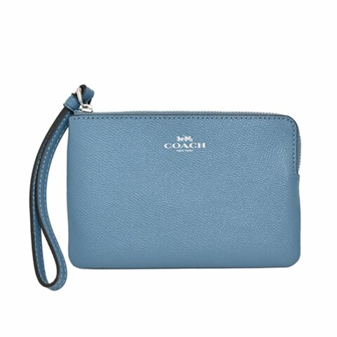 【COACH】素面皮革Ｌ型拉鍊手拿包-藍灰色