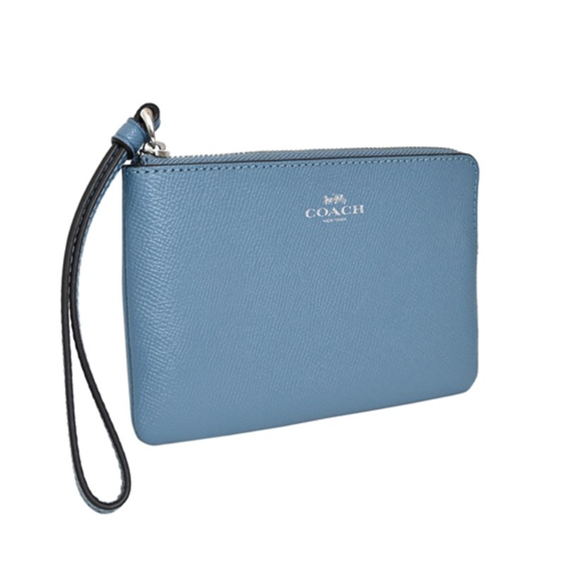 【COACH】素面皮革Ｌ型拉鍊手拿包-藍灰色-1