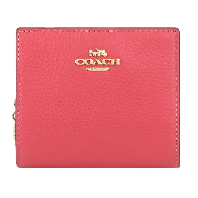 【COACH】鵝卵石皮革二折短夾-桃粉色-0