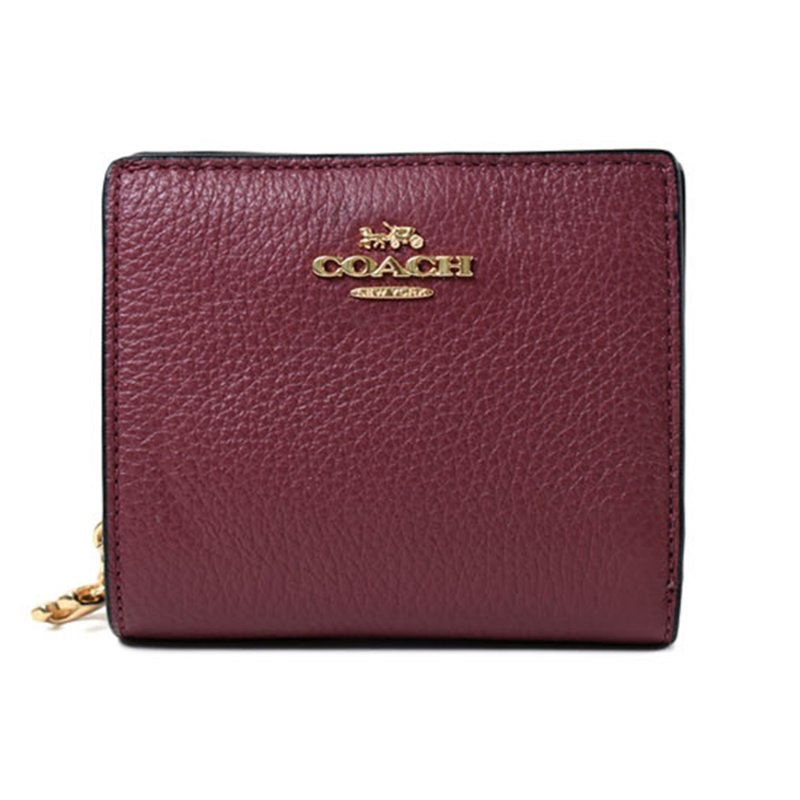 【COACH】鵝卵石皮革二折短夾-酒紅色-4