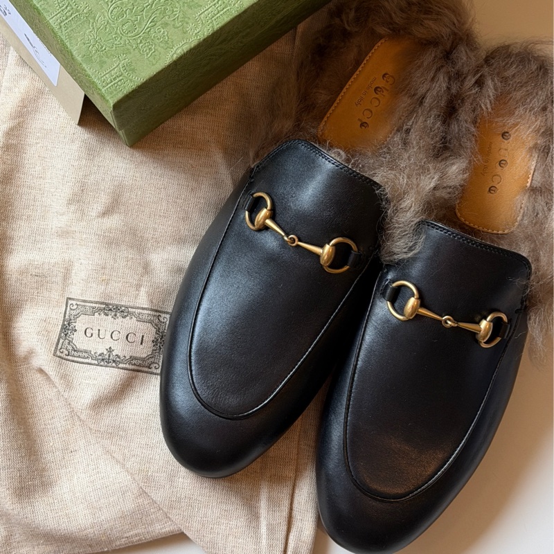 914intheair精品代購『全新閒置』Gucci 毛毛馬銜扣穆勒拖39-5