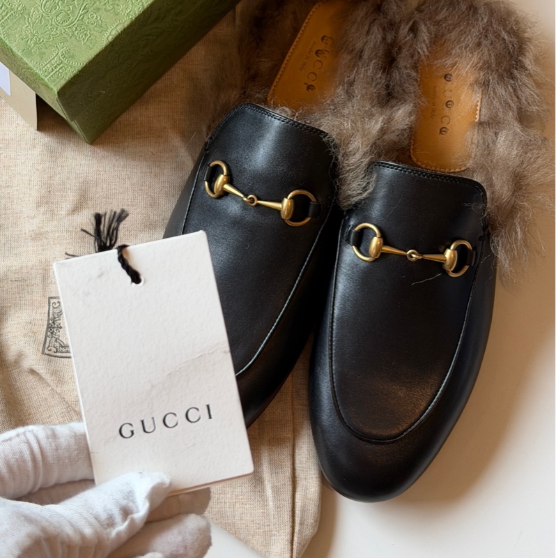 914intheair精品代購『全新閒置』Gucci 毛毛馬銜扣穆勒拖39-6