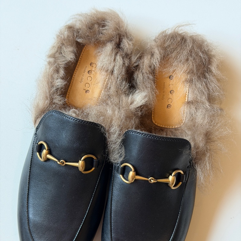 914intheair精品代購『全新閒置』Gucci 毛毛馬銜扣穆勒拖39-9