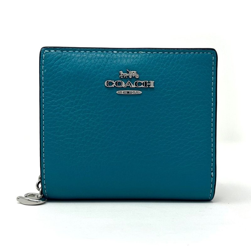 【COACH】鵝卵石皮革二折短夾-土耳其藍-0