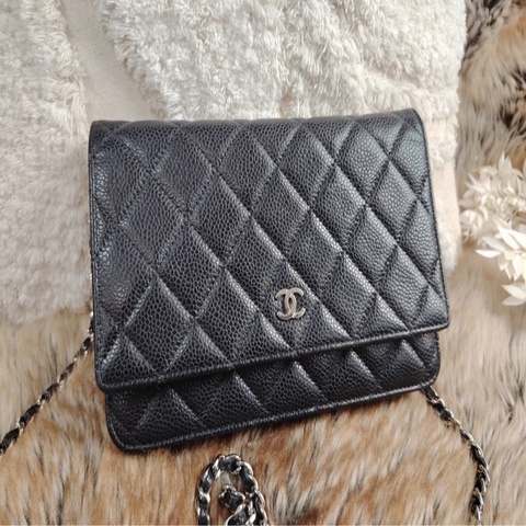 「JL精品代購」 98新 Chanel 香奈兒 Woc 荔枝牛皮 黑銀